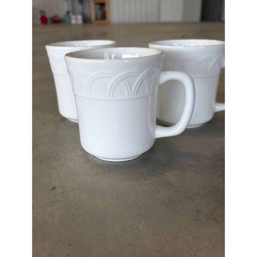 Pier 1 Basket Relief White Coffee Mugs Set of 3 Earthenware Made in Italy